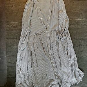 Maternity Ripe Gray Smocked Buttoned Long Sleeve Sundress